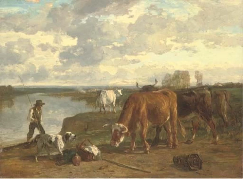 Bovini e un pastore con il suo cane